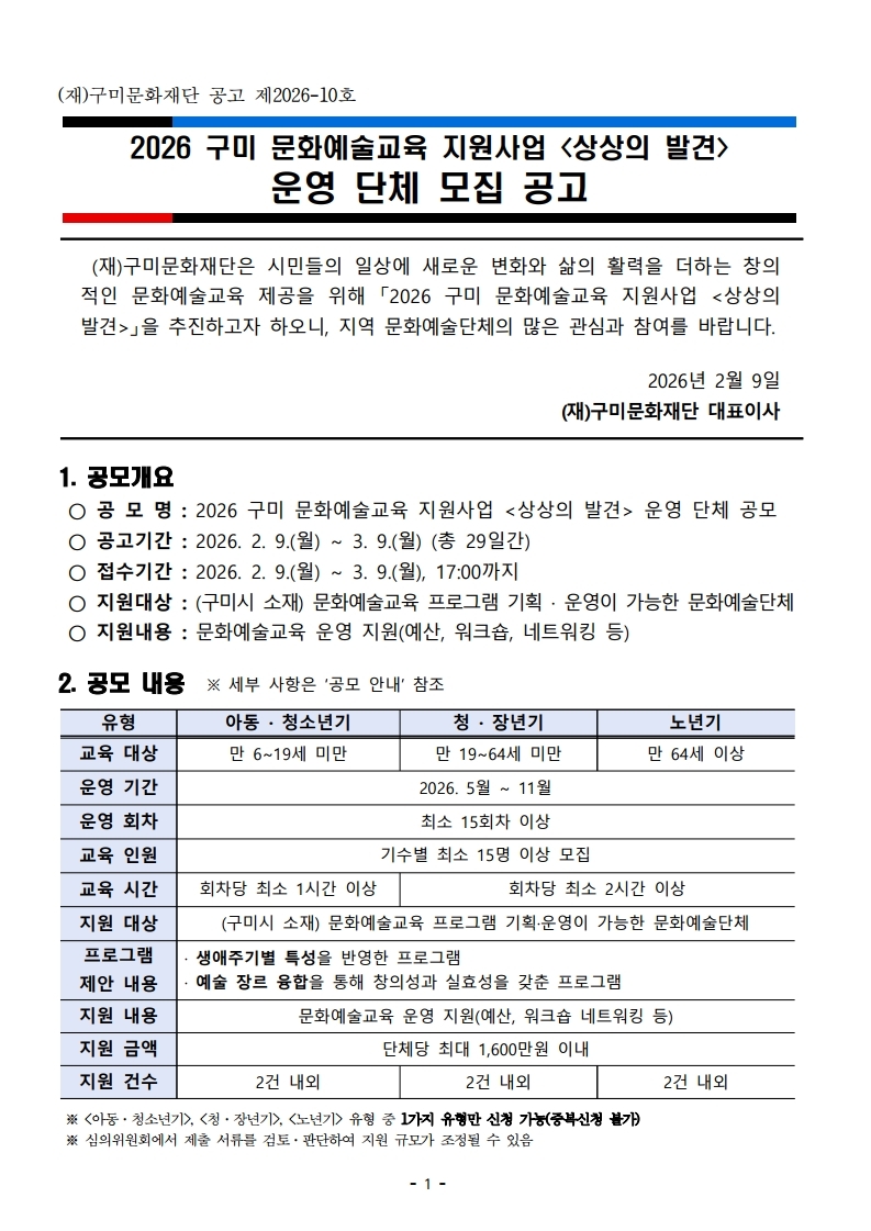 2026년 구미 문화예술교육 지원사업 상상의 발견 공모 포스터 1/2